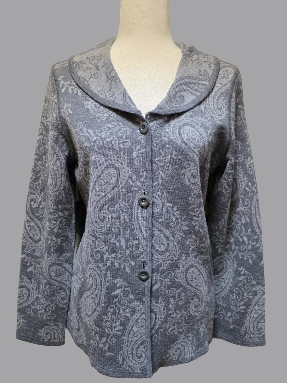 Pendleton Grey Merino Wool Paisley Button Up Collared Sweater